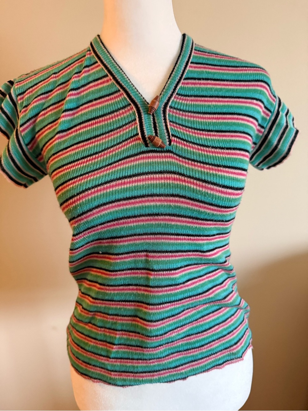 Vintage 70s women’s Green Striped ribbed V-Neck Knit Top retro boho Sz s